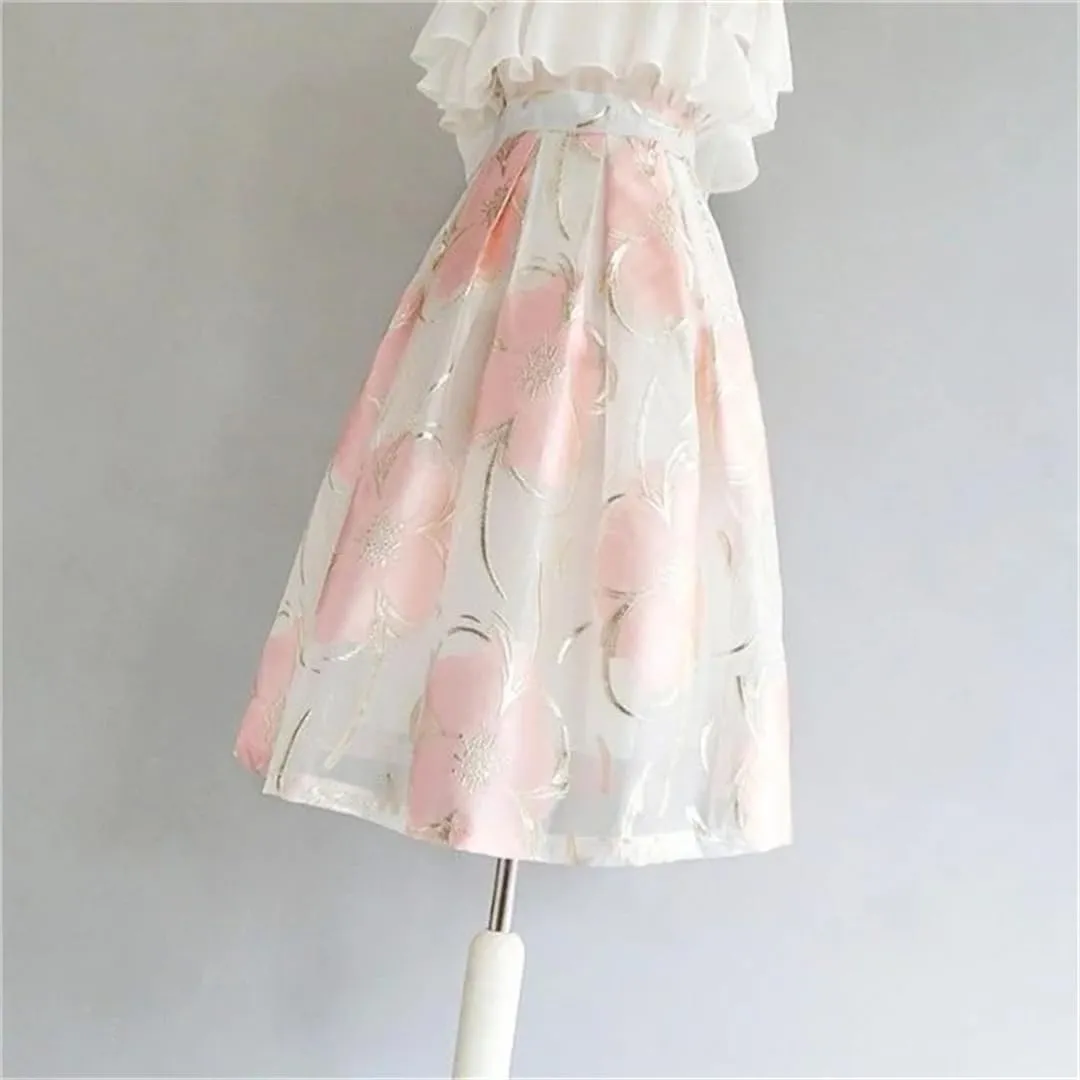 Women High Waist Jacquard Pleated Skirt A-Line Midi Skirts Vintage Elegant Party Skirts