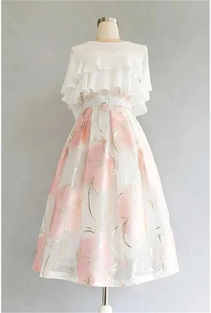 Women High Waist Jacquard Pleated Skirt A-Line Midi Skirts Vintage Elegant Party Skirts