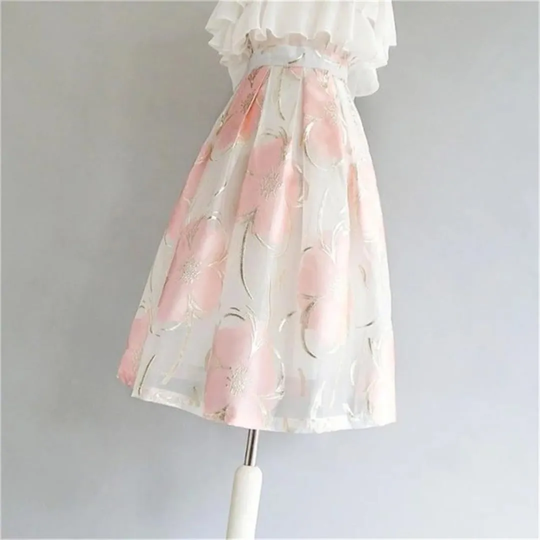 Women High Waist Jacquard Pleated Skirt A-Line Midi Skirts Vintage Elegant Party Skirts