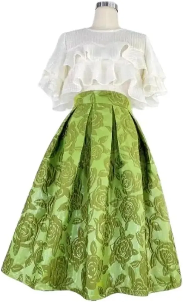 Women High Waist Long Skirts Pleated Midi Skirt Elegant Embroidered Vacation Party Skirt