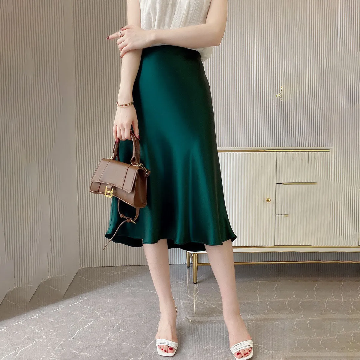 Women High Waisted Skirt  Silk Satin Skirts  A-Line Elegant Skirts