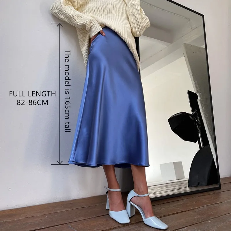 Women High Waisted Skirt  Silk Satin Skirts  A-Line Elegant Skirts