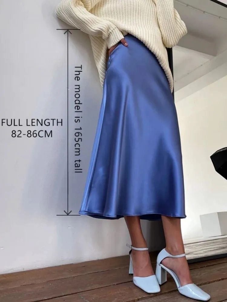 Women High Waisted Skirt  Silk Satin Skirts  A-Line Elegant Skirts
