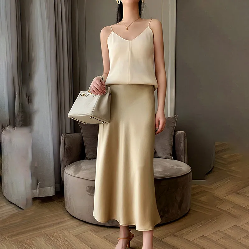 Women High Waisted Skirt  Silk Satin Skirts  A-Line Elegant Skirts