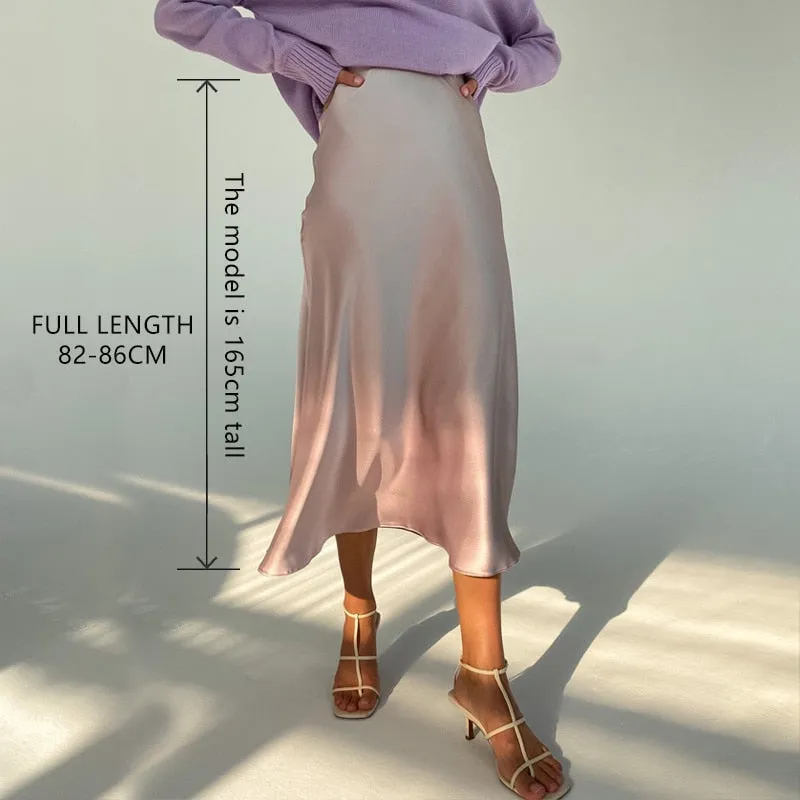 Women High Waisted Skirt  Silk Satin Skirts  A-Line Elegant Skirts
