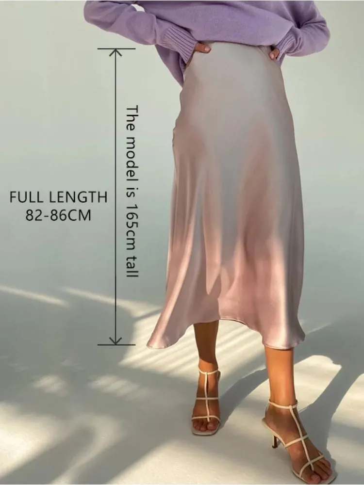 Women High Waisted Skirt  Silk Satin Skirts  A-Line Elegant Skirts