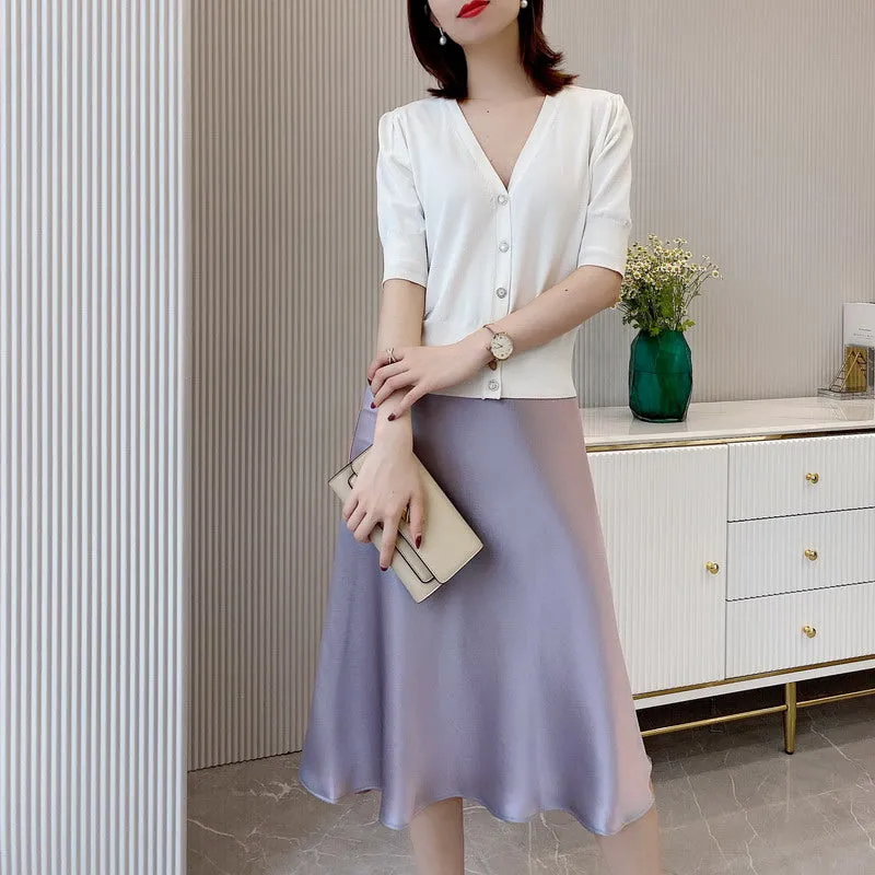 Women High Waisted Skirt  Silk Satin Skirts  A-Line Elegant Skirts