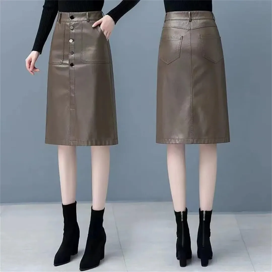 Women Leather Skirt Elegant PU Long Midi Skirt High Waist Split Package Hip Skirt