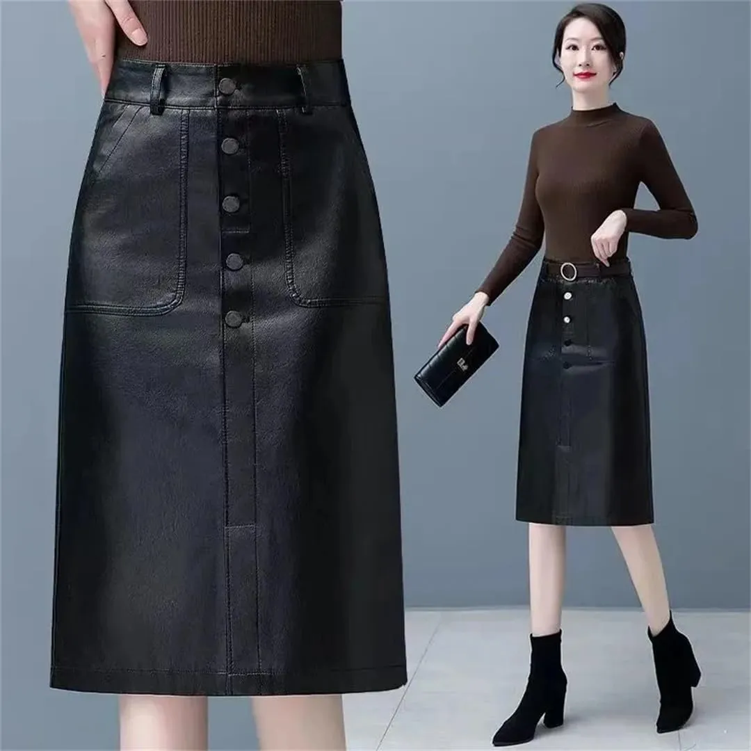 Women Leather Skirt Elegant PU Long Midi Skirt High Waist Split Package Hip Skirt