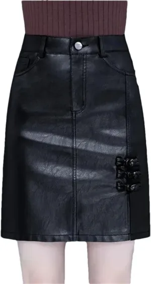 Women Leather Skirt Elegant PU Long Midi Skirt High Waist Split Package Hip Skirt