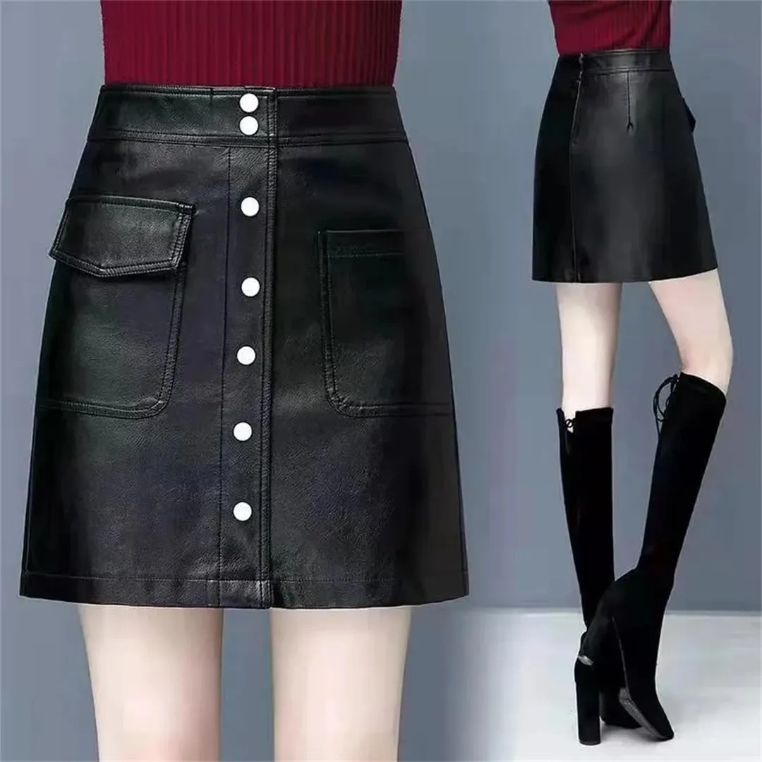 Women Leather Skirt Elegant PU Long Midi Skirt High Waist Split Package Hip Skirt
