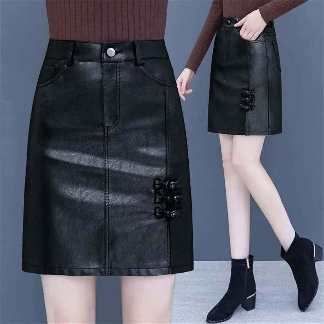 Women Leather Skirt Elegant PU Long Midi Skirt High Waist Split Package Hip Skirt