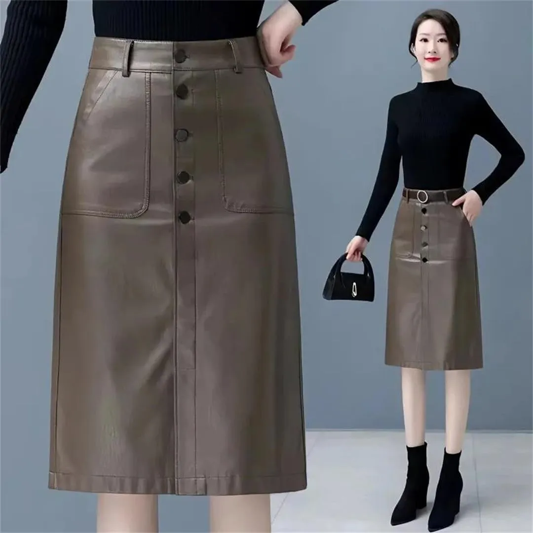 Women Leather Skirt Elegant PU Long Midi Skirt High Waist Split Package Hip Skirt