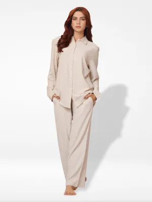 Women Long Sleeve Button Down Shirt High Waist Wide Leg Long Pants Co-ord Set