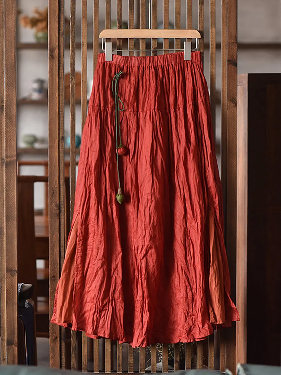 Women Retro Summer Wrinkled Solid Dual-layer Ramie Skirt