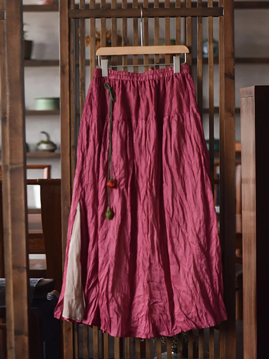 Women Retro Summer Wrinkled Solid Dual-layer Ramie Skirt