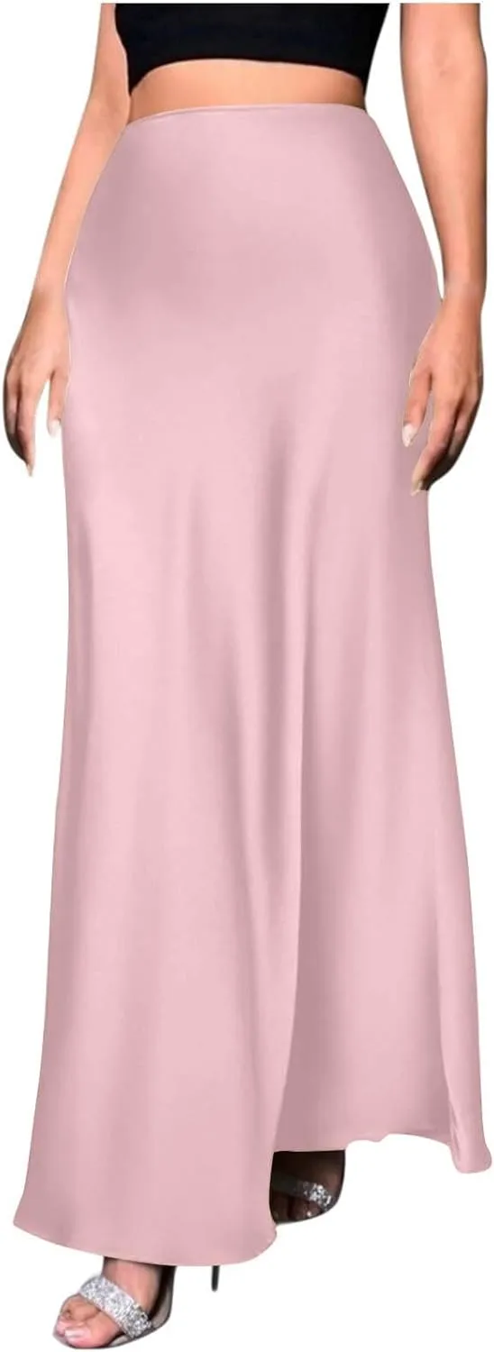Women Satin Bodyocn Maxi Skirt Elegant High Waisted A Line Mermaid Skirts Cocktail Party Prom Casual Long Skirt