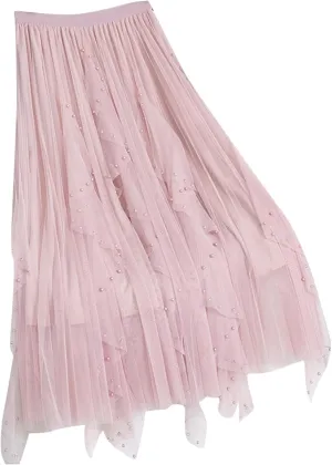 Women Tulle Skirts Solid Color Elastic Waist Mesh Tiered Layered Asymmetrical Skirt Casual Fashion Elegant Skirts