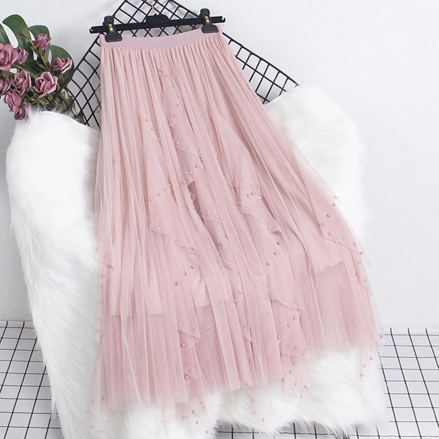 Women Tulle Skirts Solid Color Elastic Waist Mesh Tiered Layered Asymmetrical Skirt Casual Fashion Elegant Skirts