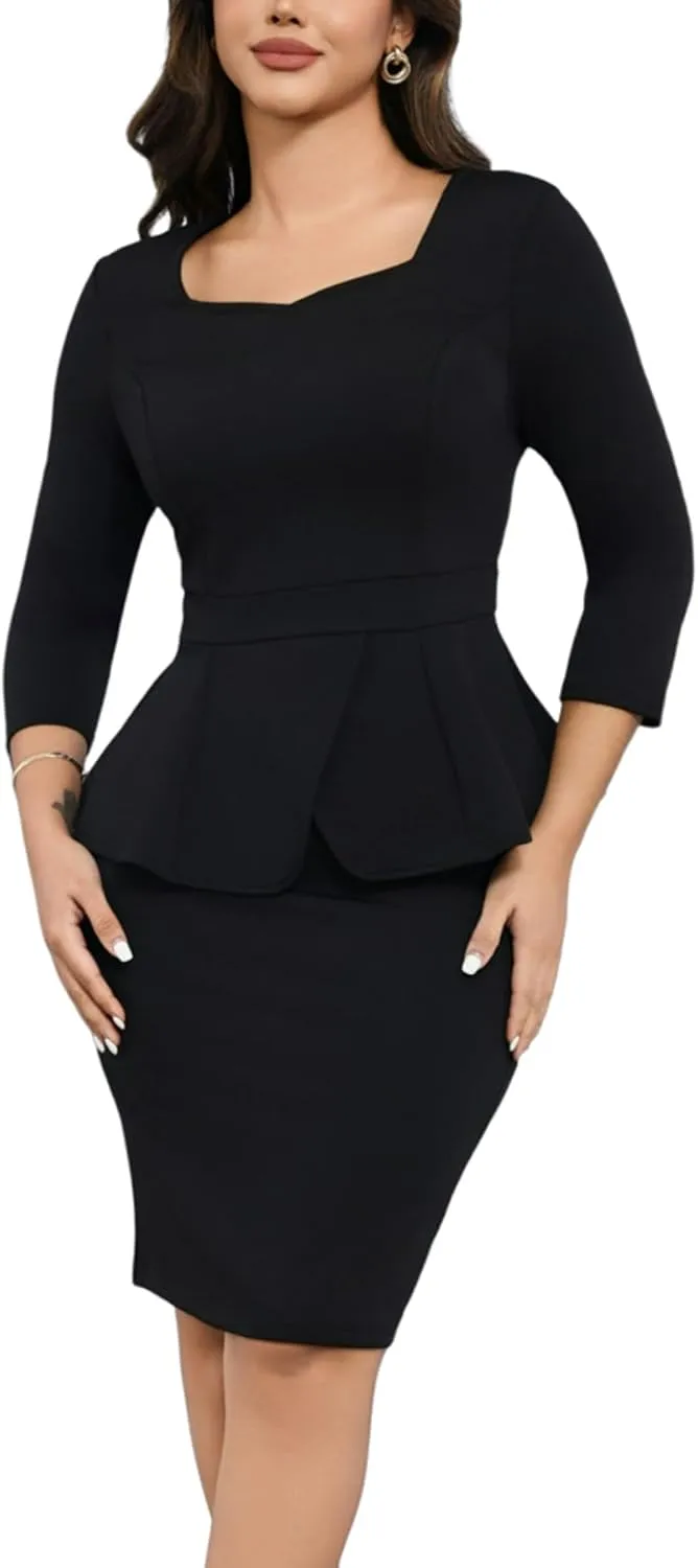 Women's 2 Piece Suit Set Peplum 3/4 Long Sleeve Church Dress Suit Elegant Formal Office Midi Pencil Skirt Suit