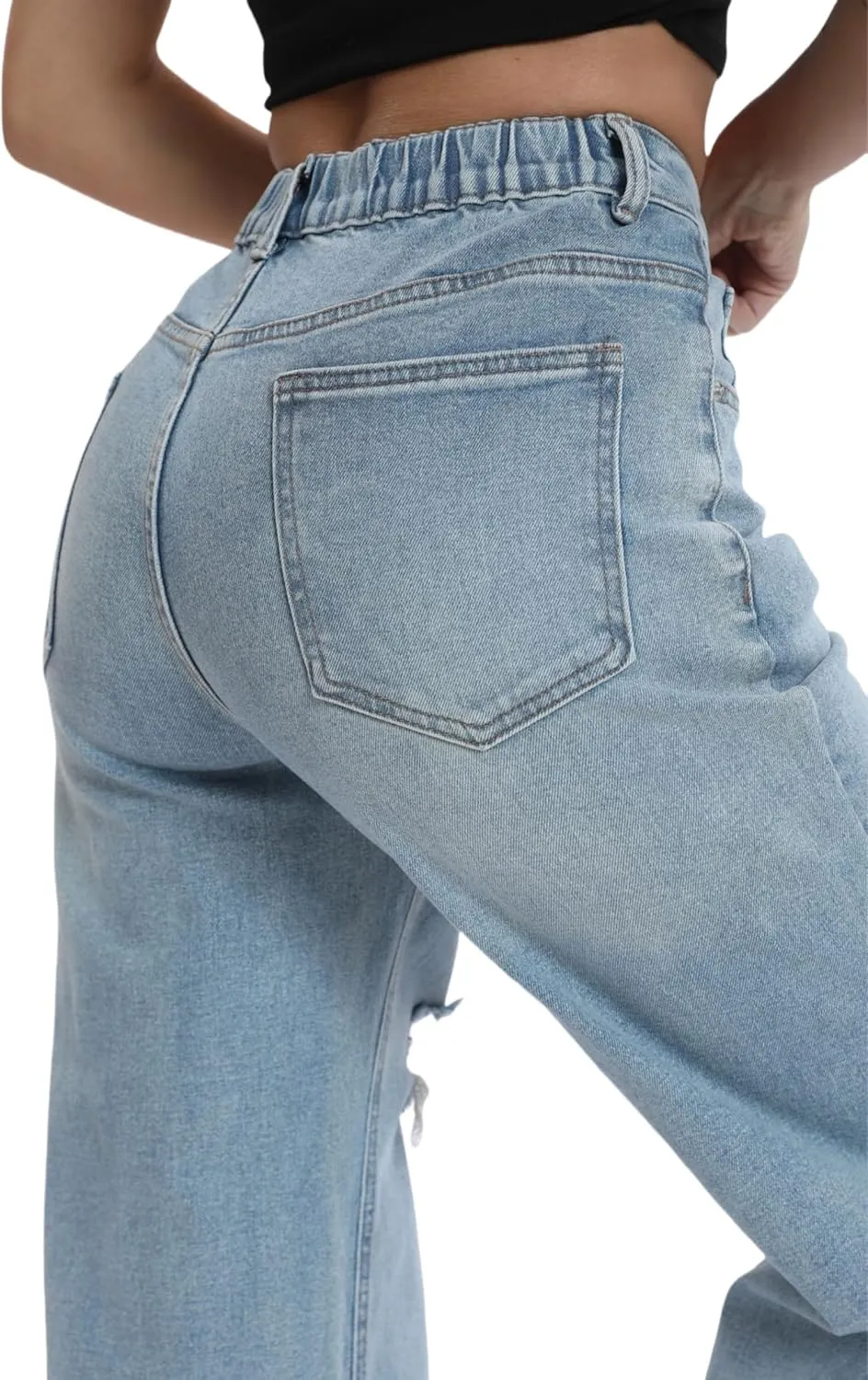 Womens Baggy Wide Leg Distressed High Waisted Boyfriend Jeans Loose Denim Pant