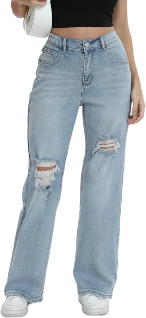 Womens Baggy Wide Leg Distressed High Waisted Boyfriend Jeans Loose Denim Pant