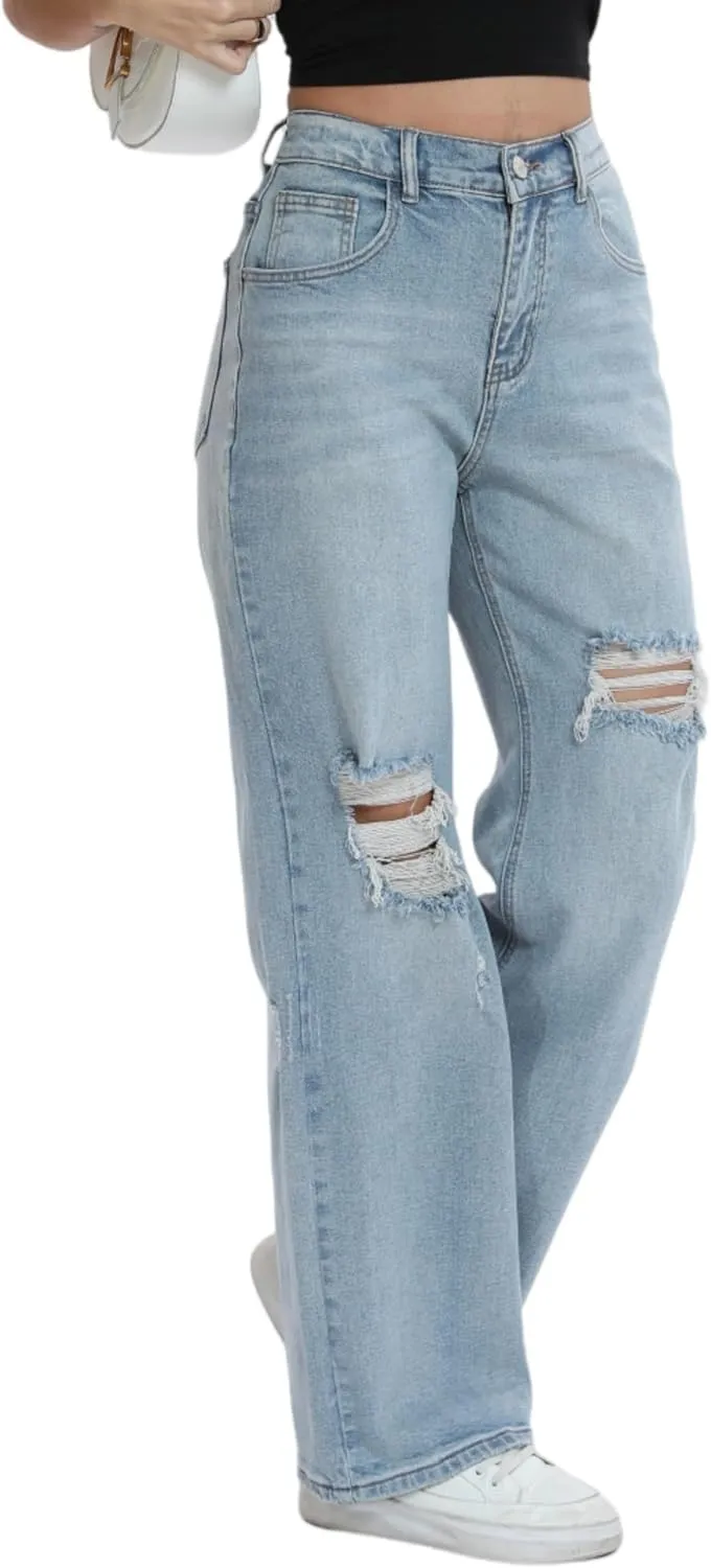 Womens Baggy Wide Leg Distressed High Waisted Boyfriend Jeans Loose Denim Pant