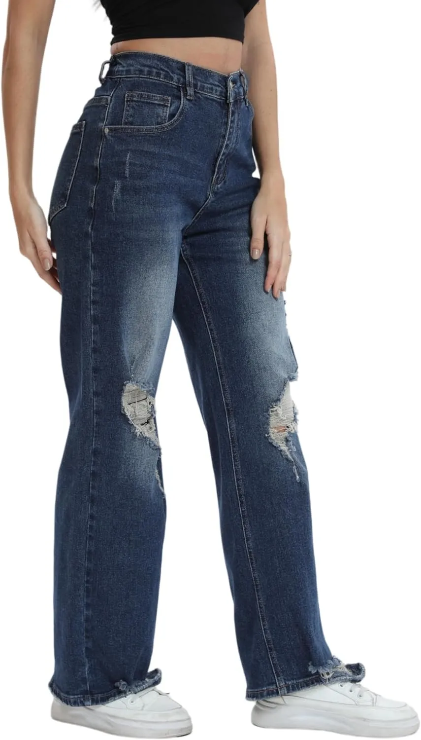 Womens Baggy Wide Leg Distressed High Waisted Boyfriend Jeans Loose Denim Pant