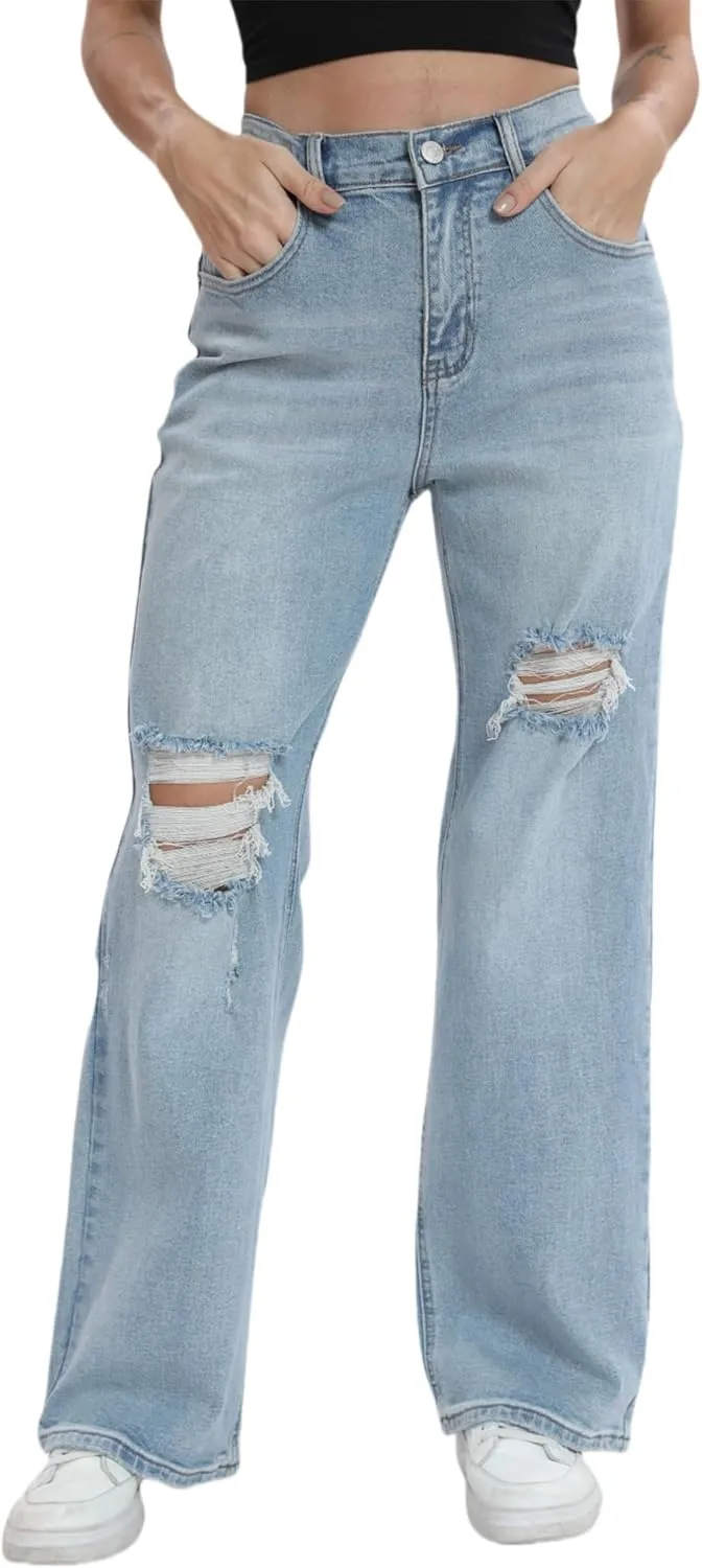 Womens Baggy Wide Leg Distressed High Waisted Boyfriend Jeans Loose Denim Pant