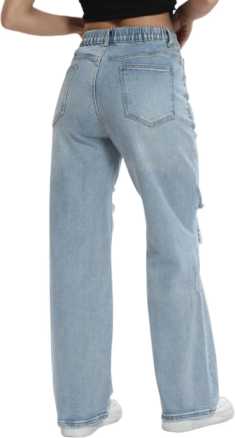 Womens Baggy Wide Leg Distressed High Waisted Boyfriend Jeans Loose Denim Pant