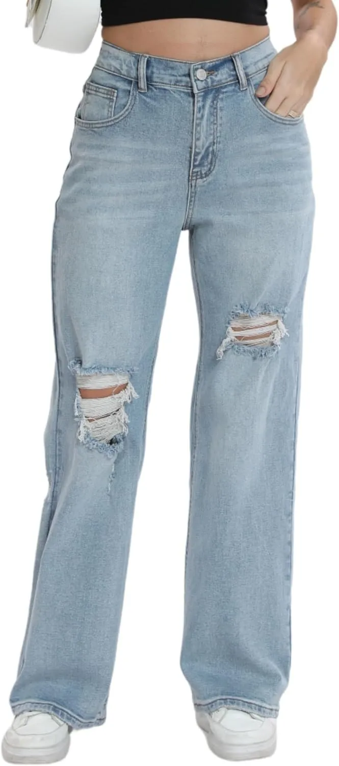 Womens Baggy Wide Leg Distressed High Waisted Boyfriend Jeans Loose Denim Pant