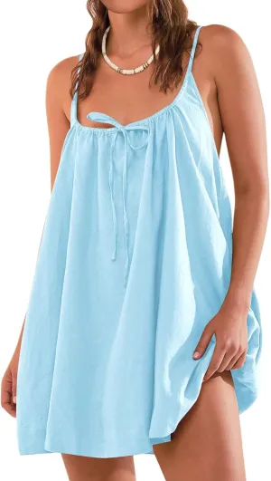 Womens Beach Cover Ups Swimwear Summer Casual Mini Dress Spaghetti Strap Backless Linen Sundresses with Pockets