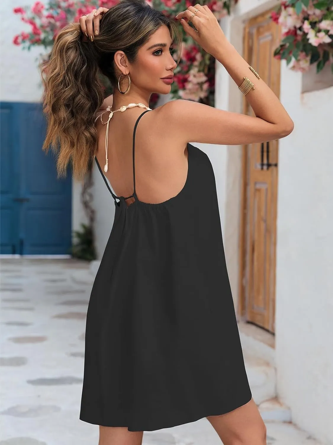 Womens Beach Cover Ups Swimwear Summer Casual Mini Dress Spaghetti Strap Backless Linen Sundresses with Pockets