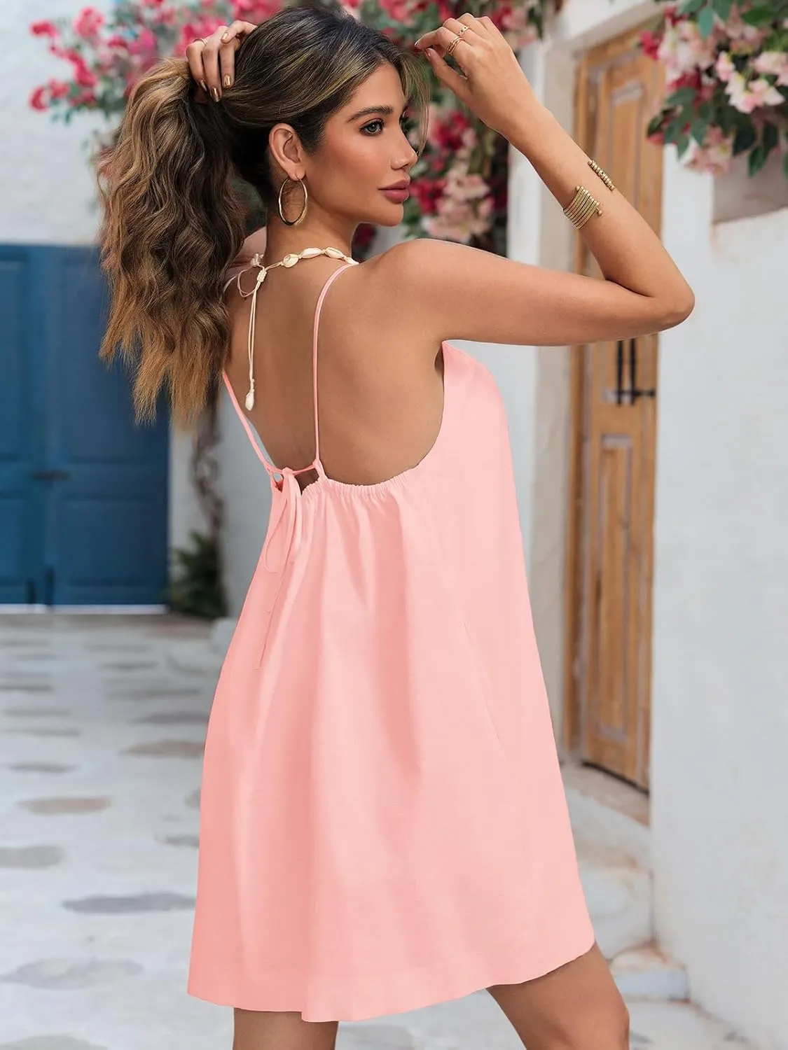 Womens Beach Cover Ups Swimwear Summer Casual Mini Dress Spaghetti Strap Backless Linen Sundresses with Pockets