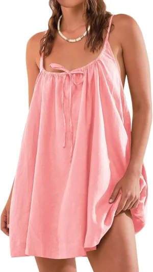 Womens Beach Cover Ups Swimwear Summer Casual Mini Dress Spaghetti Strap Backless Linen Sundresses with Pockets