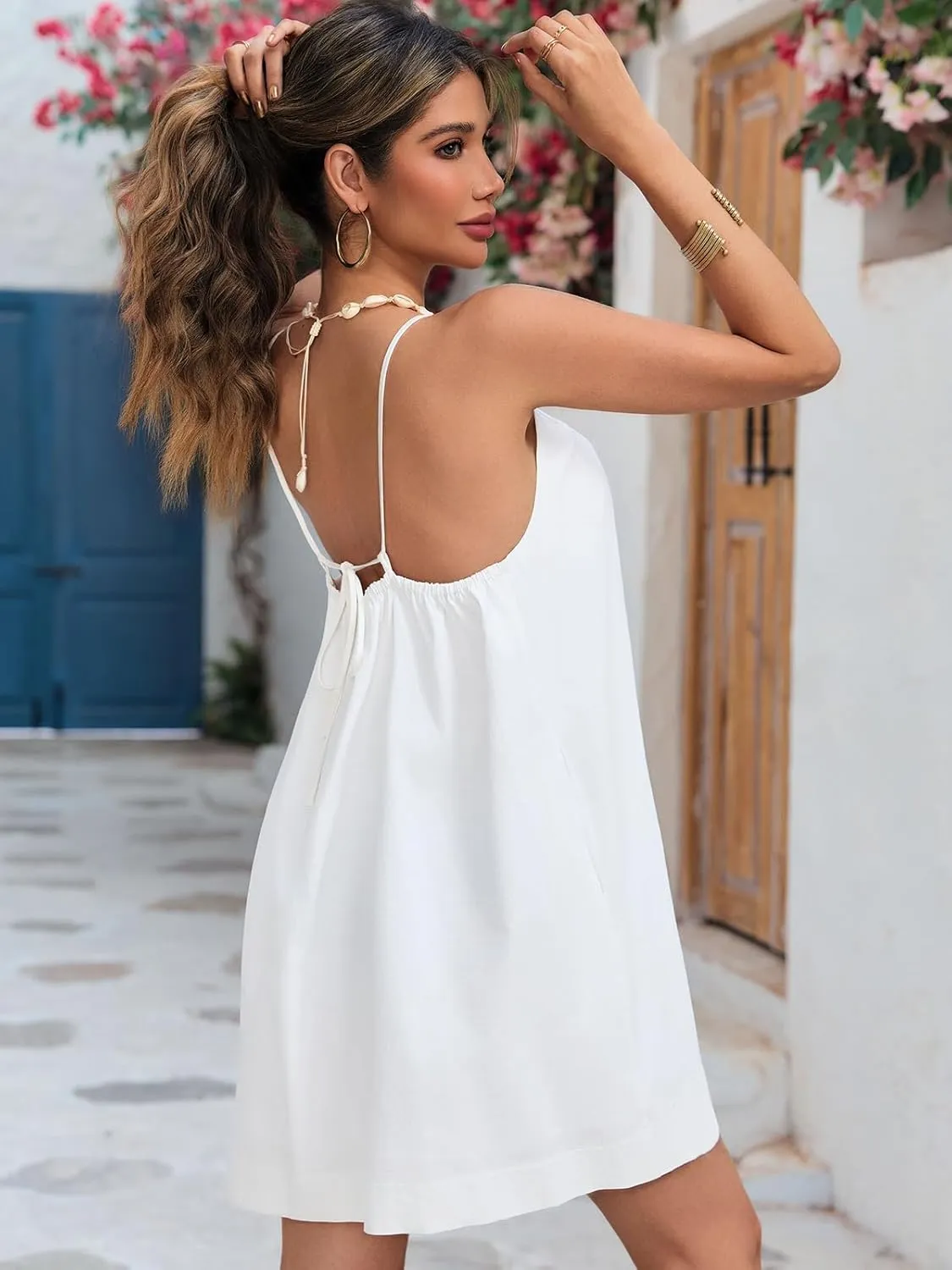 Womens Beach Cover Ups Swimwear Summer Casual Mini Dress Spaghetti Strap Backless Linen Sundresses with Pockets