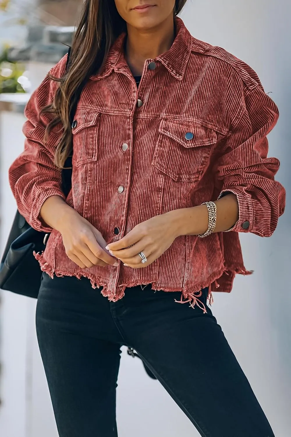 Womens Cropped Corduroy Jacket Casual Button Down Shacket Coat Fringe with Frayed Hem
