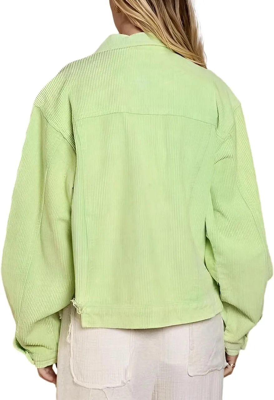 Womens Cropped Corduroy Jacket Casual Button Down Shacket Coat Fringe with Frayed Hem