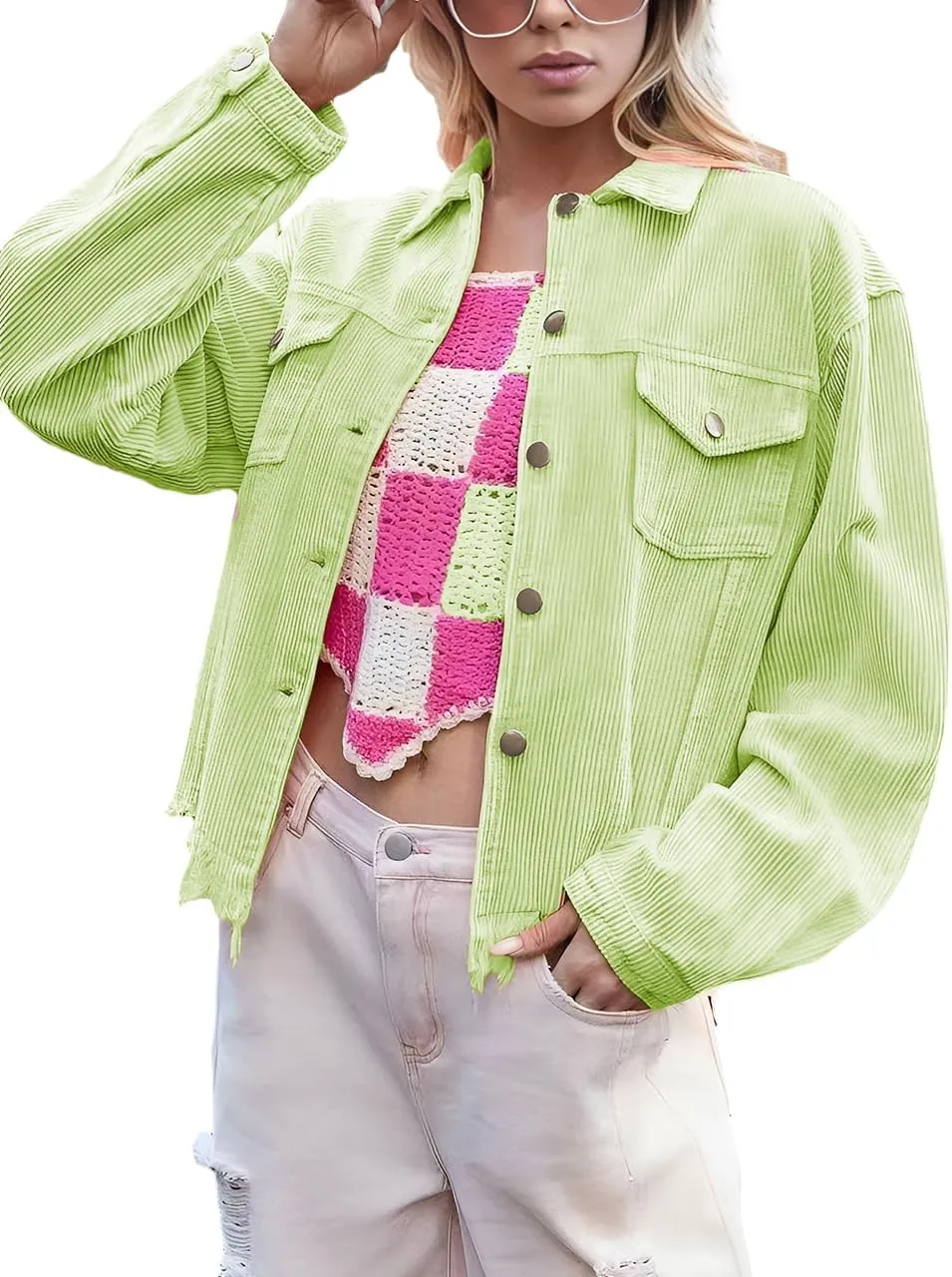 Womens Cropped Corduroy Jacket Casual Button Down Shacket Coat Fringe with Frayed Hem