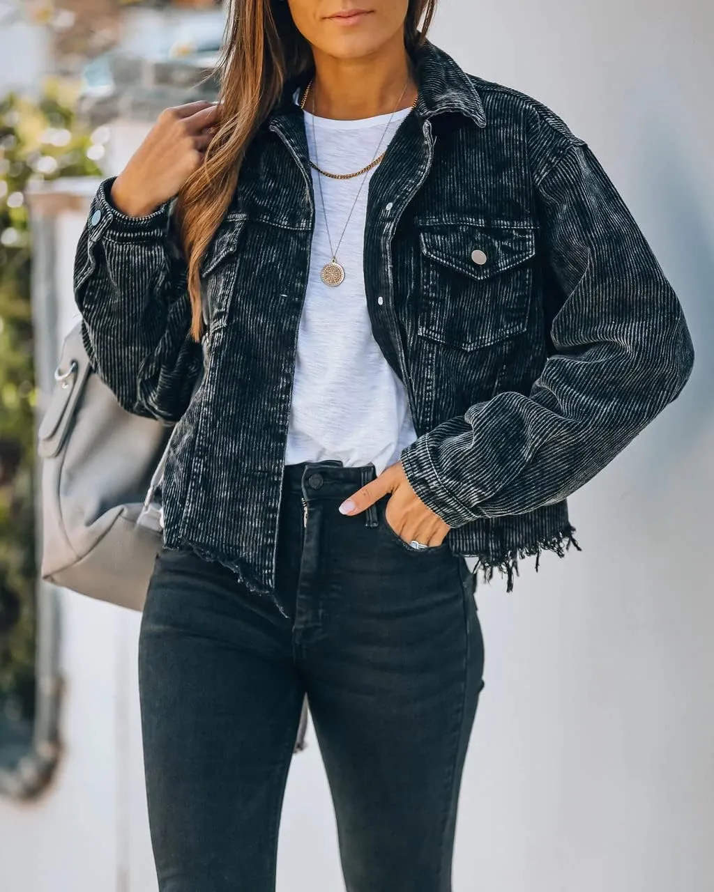 Womens Cropped Corduroy Jacket Casual Button Down Shacket Coat Fringe with Frayed Hem