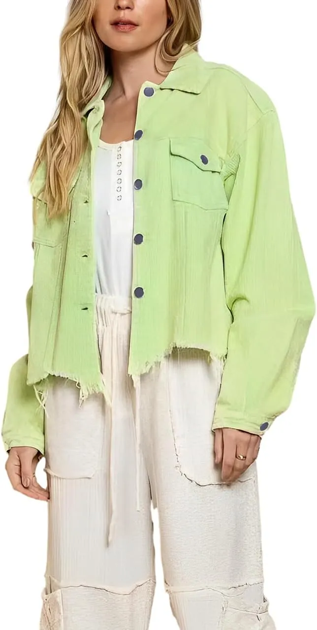 Womens Cropped Corduroy Jacket Casual Button Down Shacket Coat Fringe with Frayed Hem