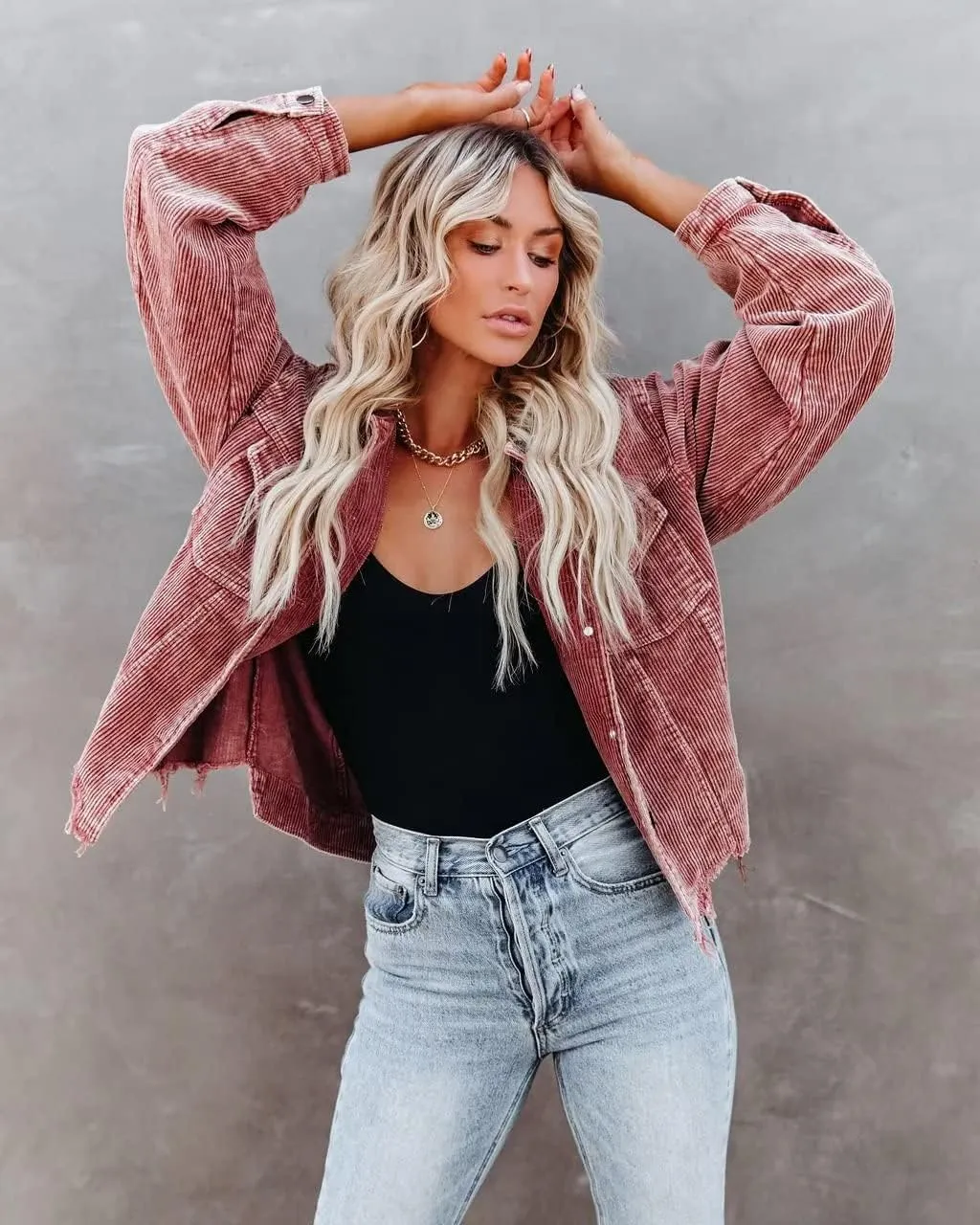 Womens Cropped Corduroy Jacket Casual Button Down Shacket Coat Fringe with Frayed Hem