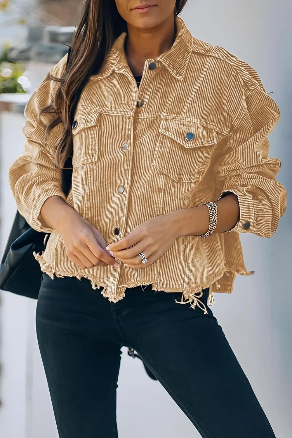 Womens Cropped Corduroy Jacket Casual Button Down Shacket Coat Fringe with Frayed Hem
