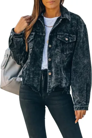 Womens Cropped Corduroy Jacket Casual Button Down Shacket Coat Fringe with Frayed Hem