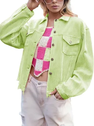 Womens Cropped Corduroy Jacket Casual Button Down Shacket Coat Fringe with Frayed Hem