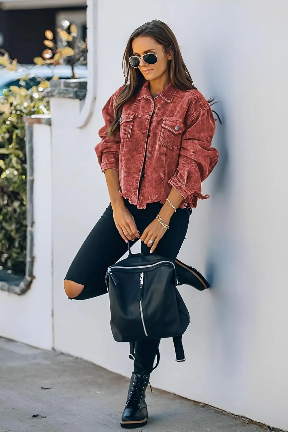 Womens Cropped Corduroy Jacket Casual Button Down Shacket Coat Fringe with Frayed Hem