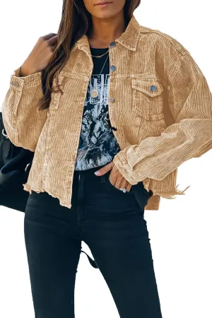Womens Cropped Corduroy Jacket Casual Button Down Shacket Coat Fringe with Frayed Hem