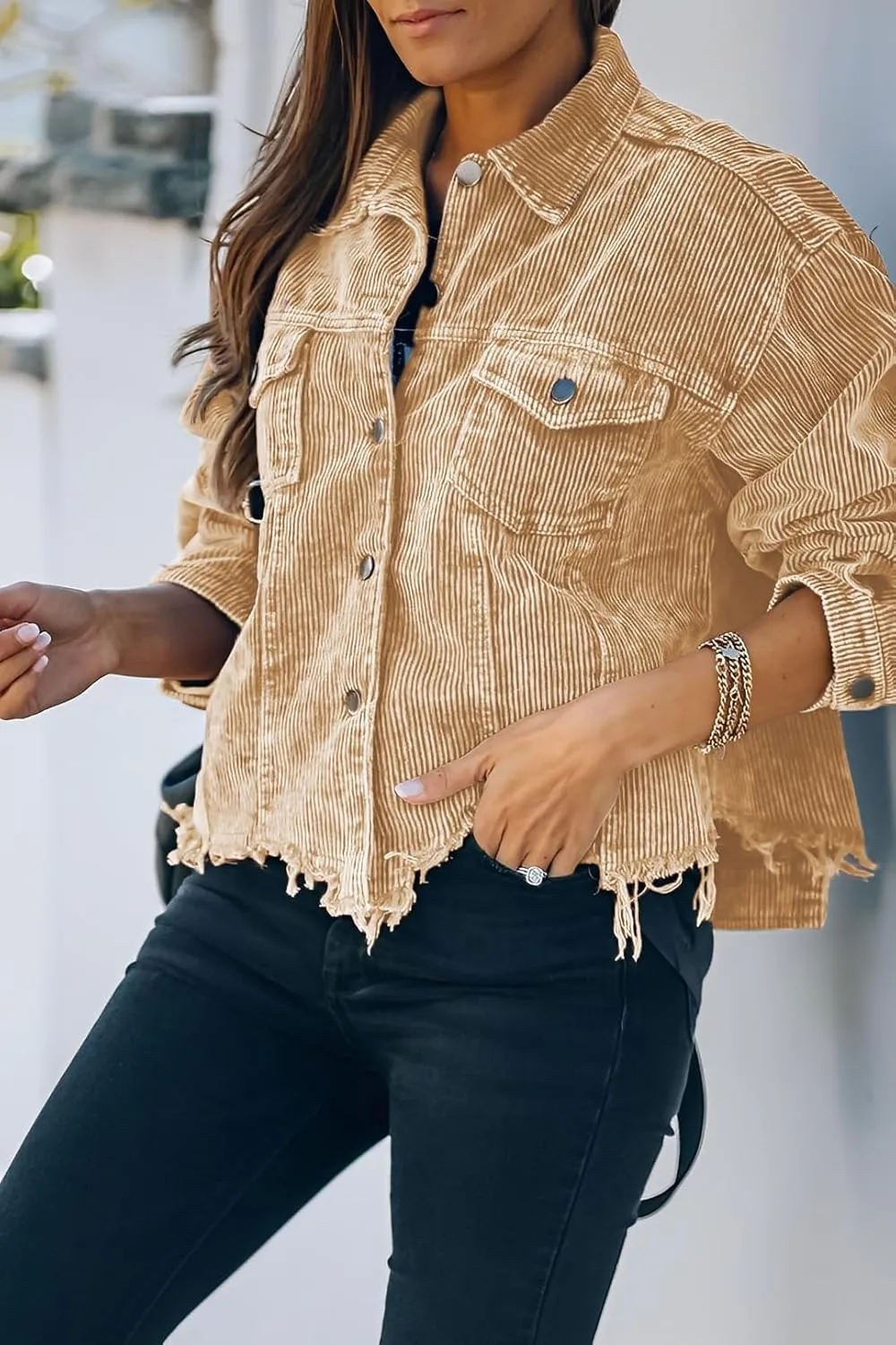 Womens Cropped Corduroy Jacket Casual Button Down Shacket Coat Fringe with Frayed Hem