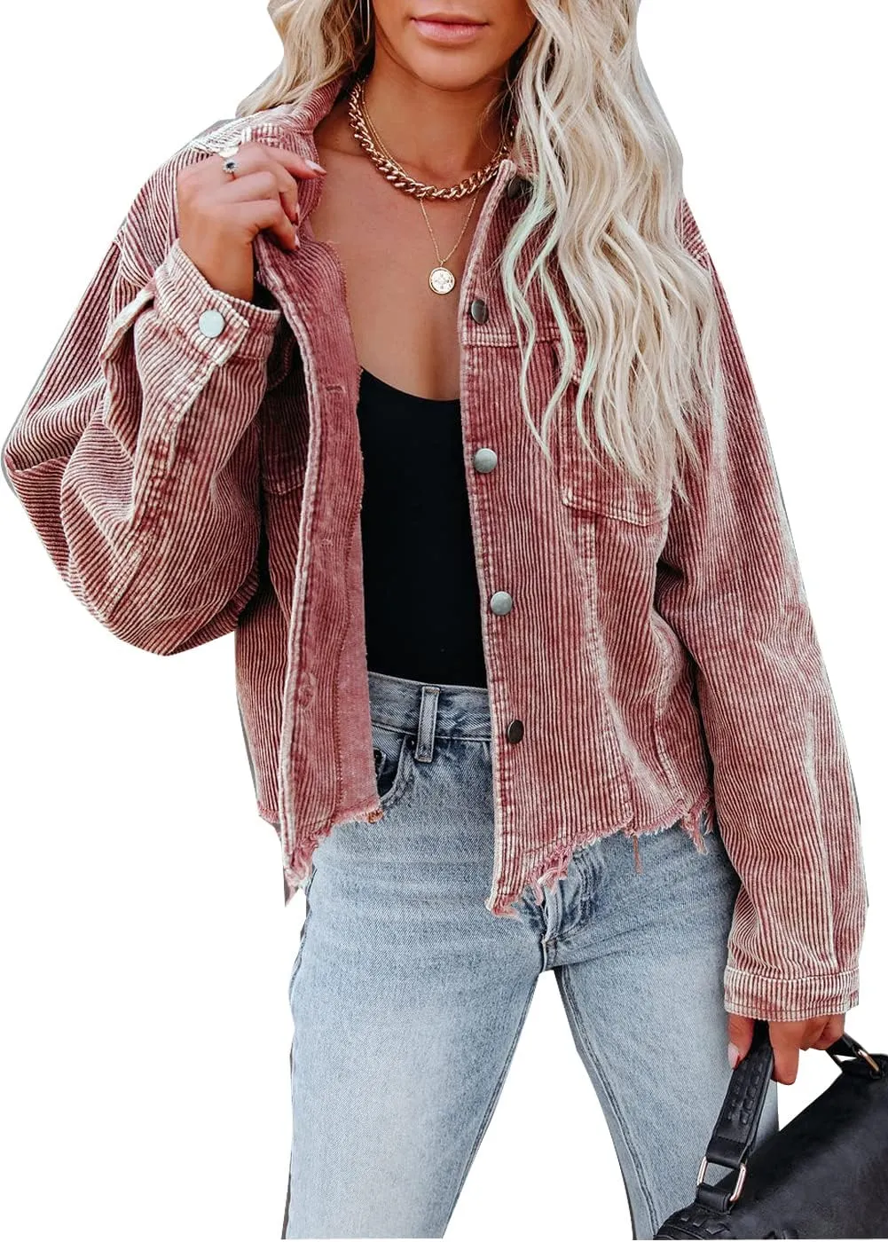 Womens Cropped Corduroy Jacket Casual Button Down Shacket Coat Fringe with Frayed Hem