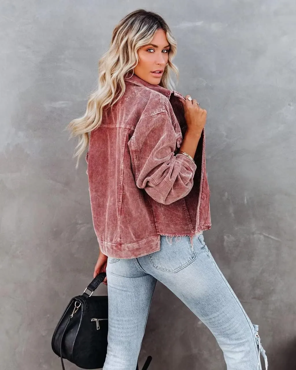 Womens Cropped Corduroy Jacket Casual Button Down Shacket Coat Fringe with Frayed Hem